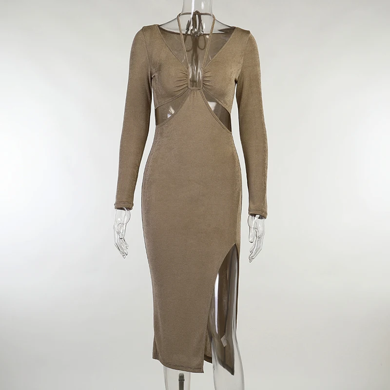 

Beyouare Sexy Hollow Out Split Women Dress Autumn V Neck Lace Up Long Sleeve Slim Skinny Vintage Elegant Party Mid-Calf Dresses