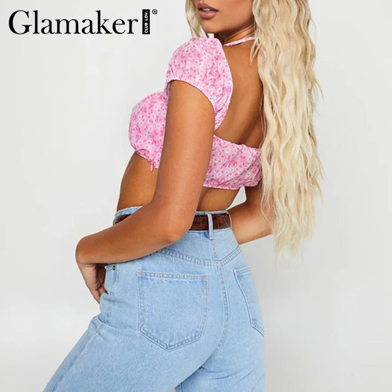 Женский укороченный топ с цветочным принтом Glamaker розовый винтажный на
