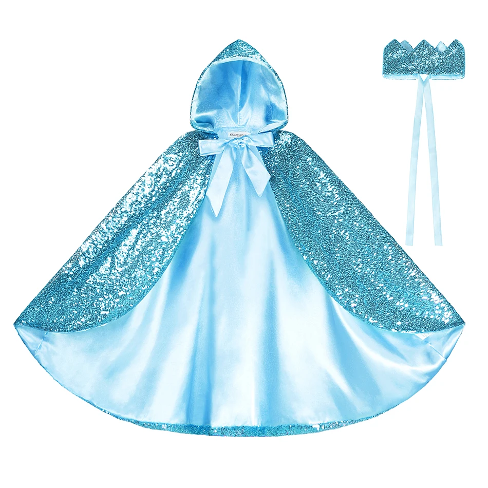 Princess Girls Elsa Sequins Long Cloak Clothing Full Length Hooded Cape Princess Girls Costume Christmas Halloween Party Make Up