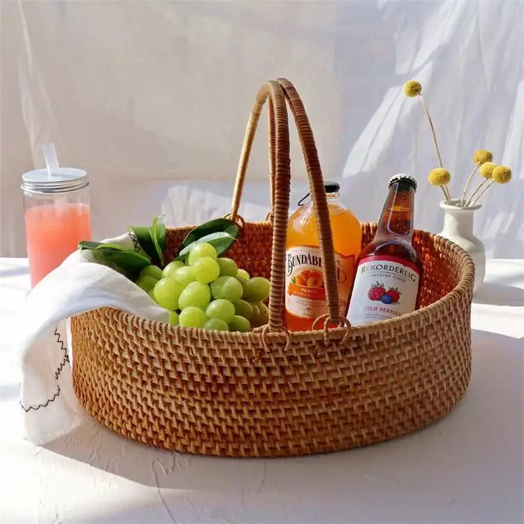 

manual Woven rattan Basket Picnic Camping Storage Basket Bread Fruit Food Breakfast Flower Display Box Kitchen Orginazer