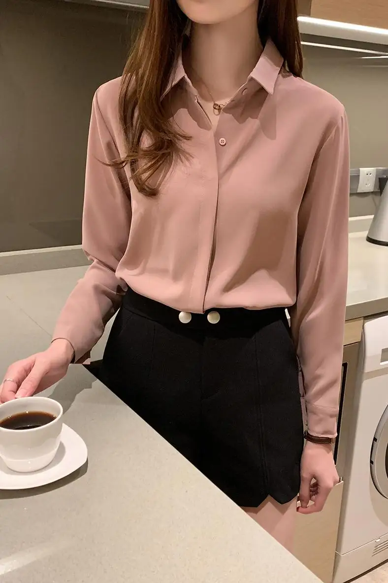 

COIGARSAM Office Lady Full Sleeve Shirt Womens tops New Spring Brief Chiffon Women shirts Apricot Blue White Pink Green 5833