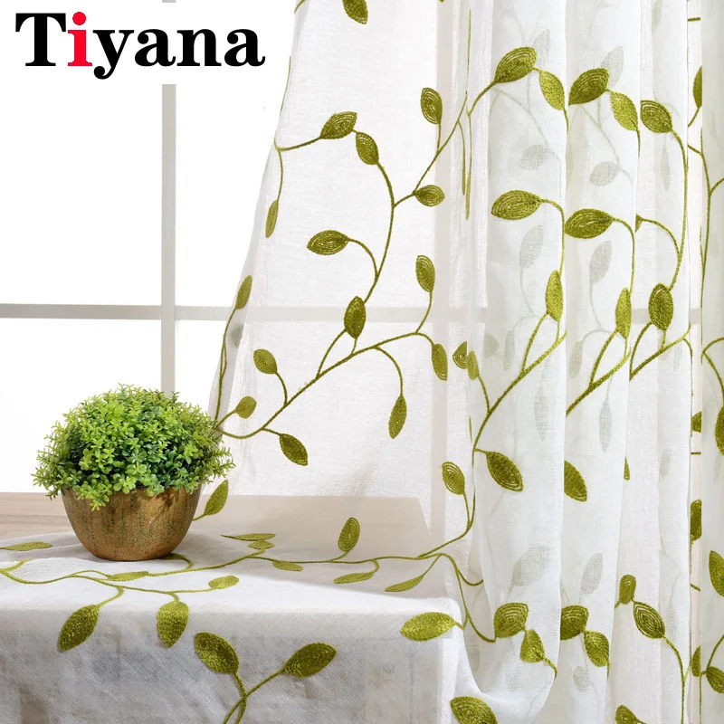 

Pastoral Green Leaves Cotton Linen Embroidered Sheer Tulle Kitchen Curtains For Living Room Bedroom Window Drapes White Curtains