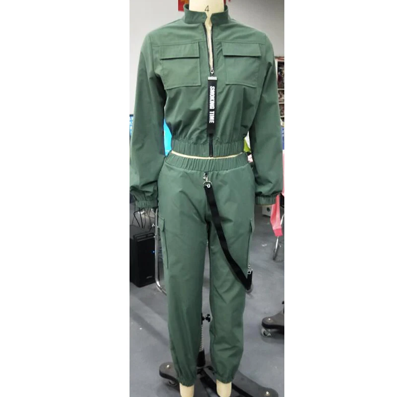 

2021 Street Army Green Handsome Long Sleeve Zipper Top Cardigan Harlan Leg Pants Street Hip Hop Casual Women's Suit 2 Pieces