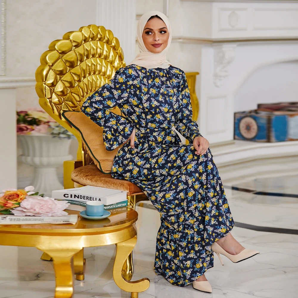 

Eid Autumn Women Tiered Dress Maxi Floral Print Long Flare Sleeves Muslim Dubai Arab Turkey Islamic Modest Gown Abaya