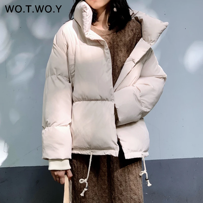 WOTWOY теплая черная зимняя женская куртка 2020 с высоким воротником и пуговицами