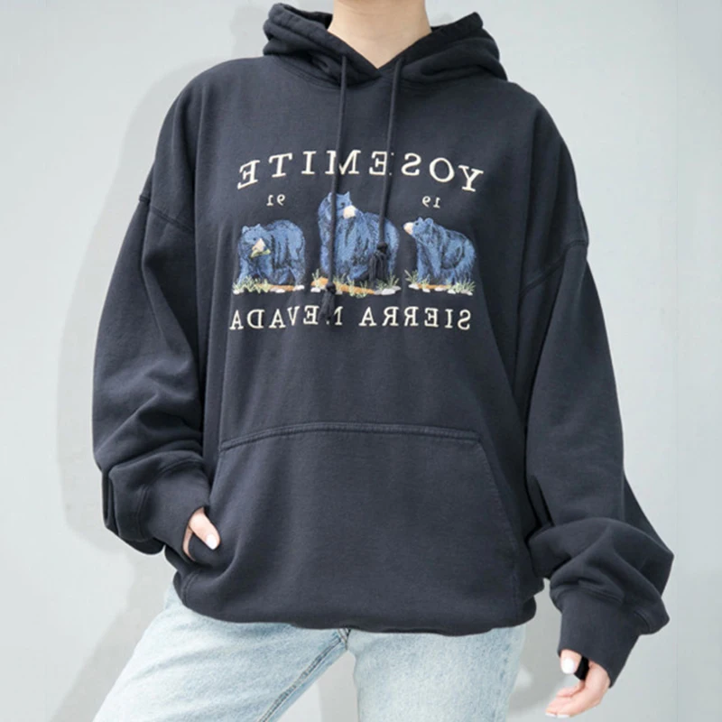 

bear Retro women's design sweatshirt, loose Long Sleeve Cotton Embroidered Sweatshirt, autumn top, new in 2021