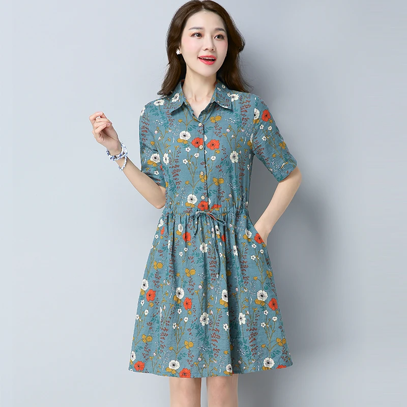 Летнее Плиссированное Платье #0305 из хлопка и льна с цветочным принтом для женщин