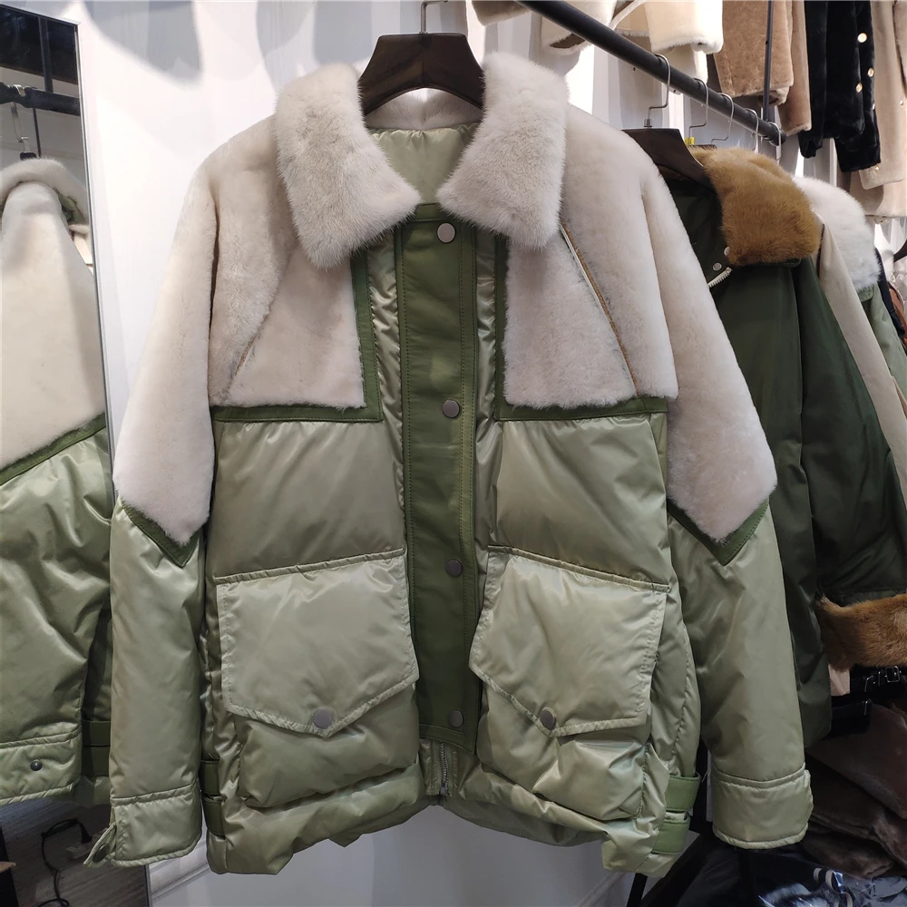 

2020 Real Fur Down Coat Winter Jacket Women Natural Rabbit Fur Genuine Mink Fur Collar Outerwear Detachable Streetwear Locomotiv