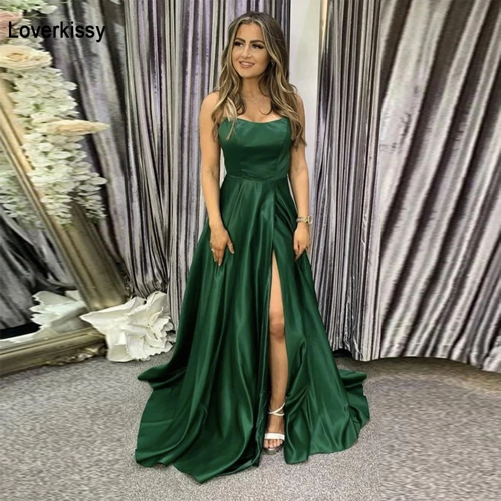 

Loverkissy Hunter Green Satin Prom Dresses With Slit Sexy Open Back A Line Formal Evening Gown for Women Sweet 16 Party Gowns