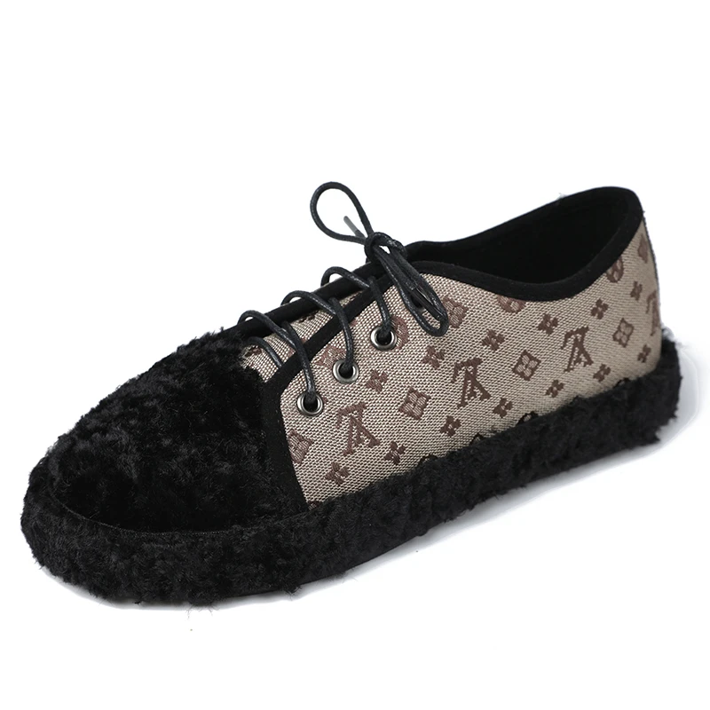 High Quality Autumn Shoes Woman Flat Black Fur Plush Loafers Women Casual Lace Up Zapatos Mujers |