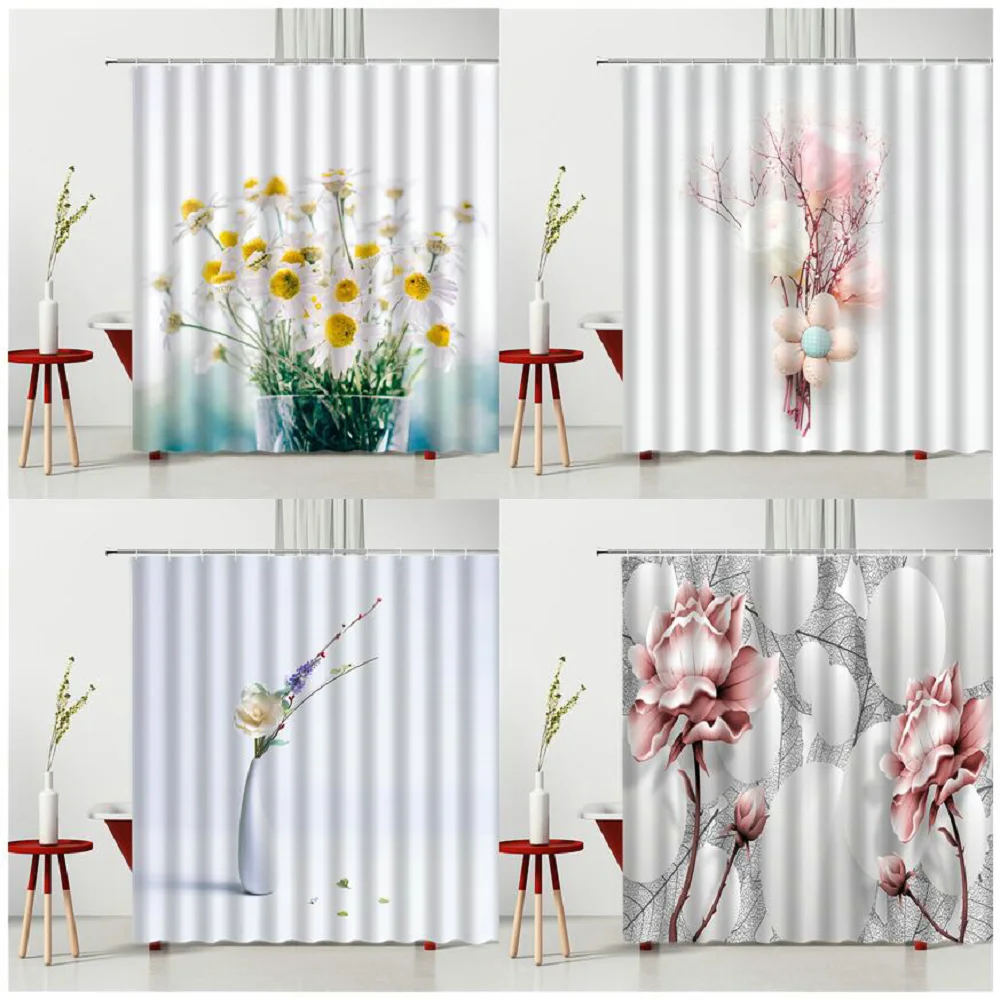 

Flowers Shower Curtains Flower Vase Bathtub Decoration Bathroom Screen Multiple Size Hanging Curtain Waterproof Polyester Cloth