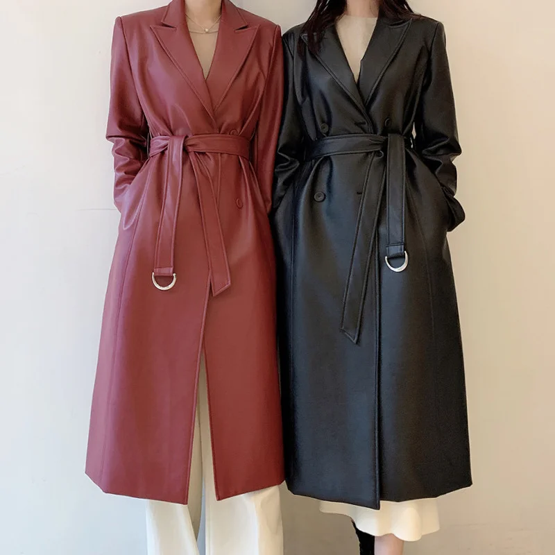 

Корейский шик осень зима костюм воротник двубортный бандаж средней длины PU Черная куртка Y2k женский плащ из искусственной кожи
