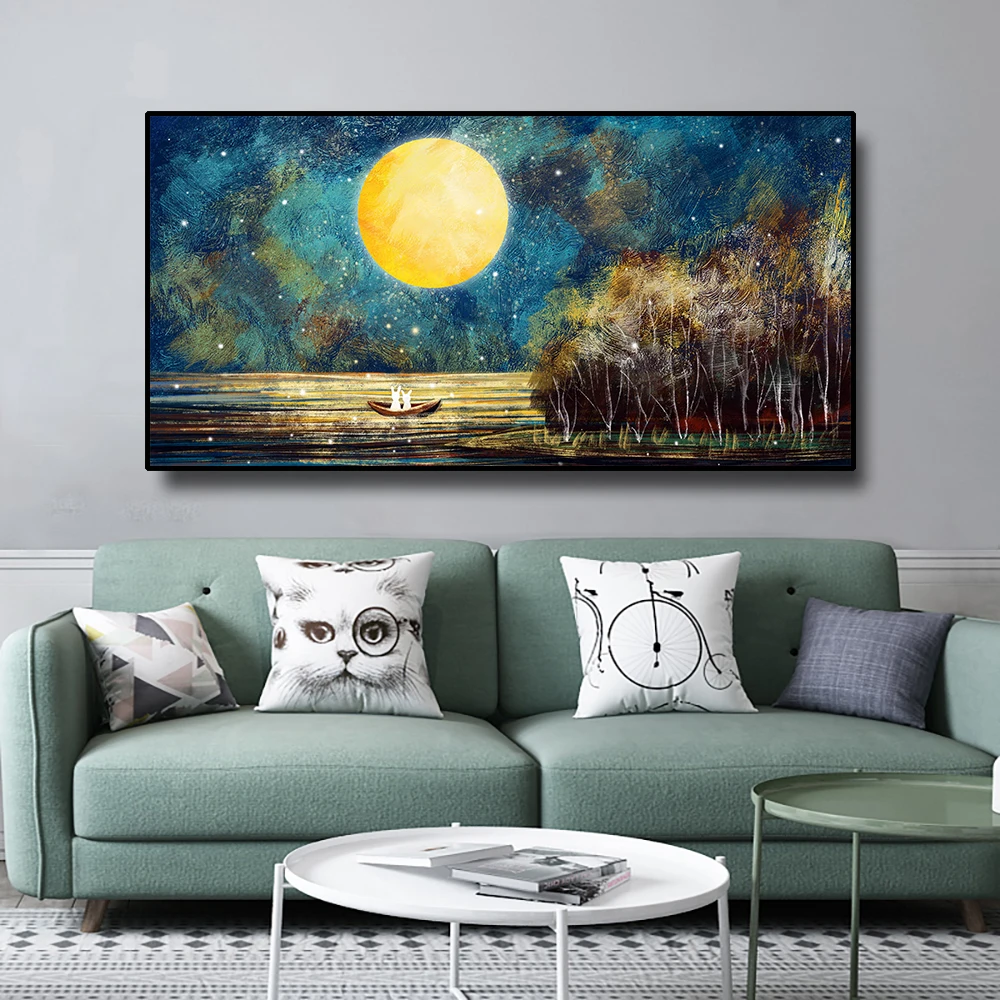 

Abstract Moon Boat Landscape corridor Decor Oil Painting Canvas Poster Wall Art Pictures For Living Room Modern Home Decoration