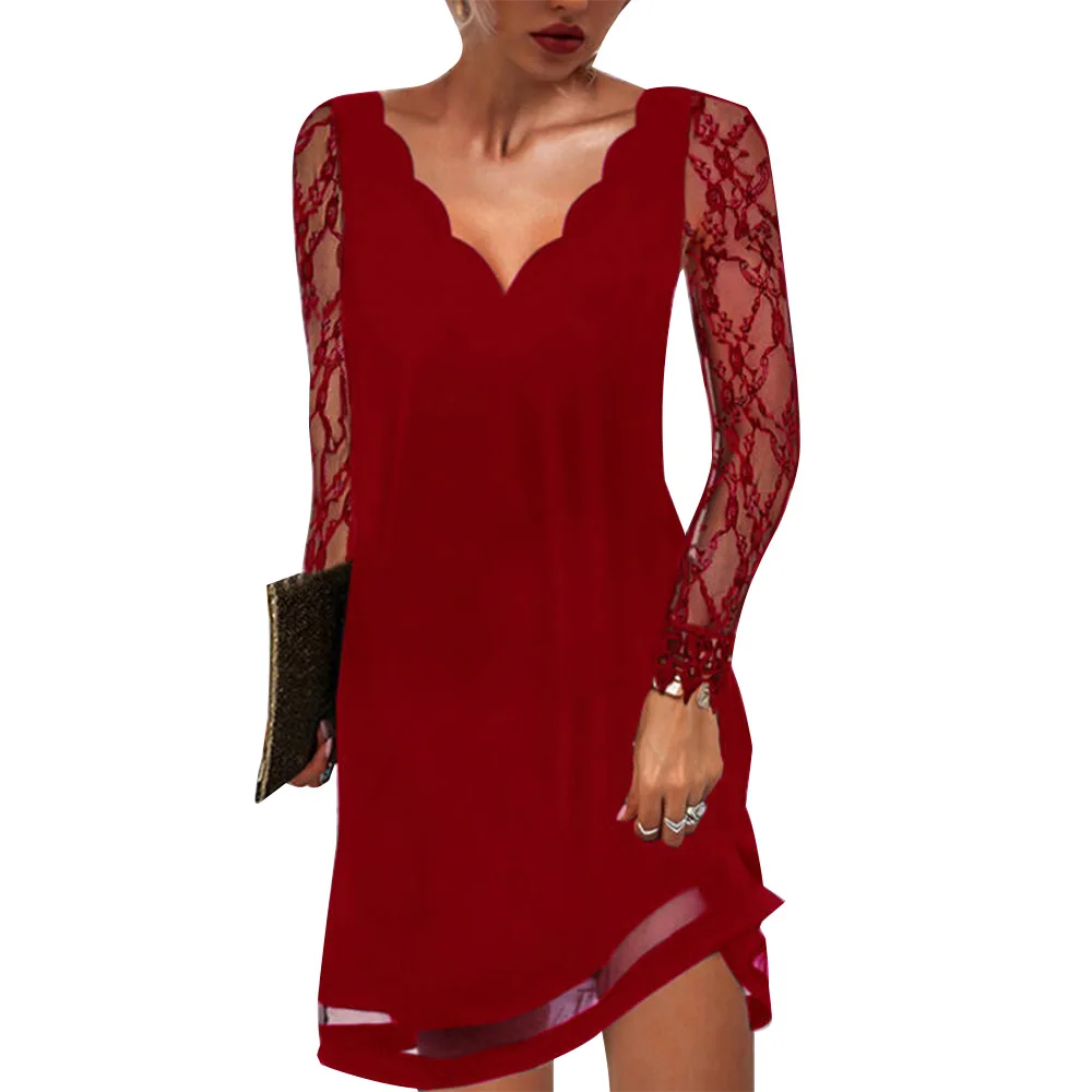 

Women Sexy V-Neck Pullover Lace Party Short Dress Mesh Long Sleeve Ladies Mini Dress Solid Color Loose Slim Fit Female Vestidos