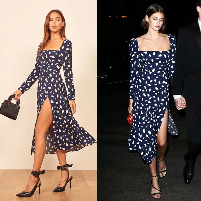 2020 New arrive vintage Dot print midi dress square neckline long sleeve women clothes | Женская одежда