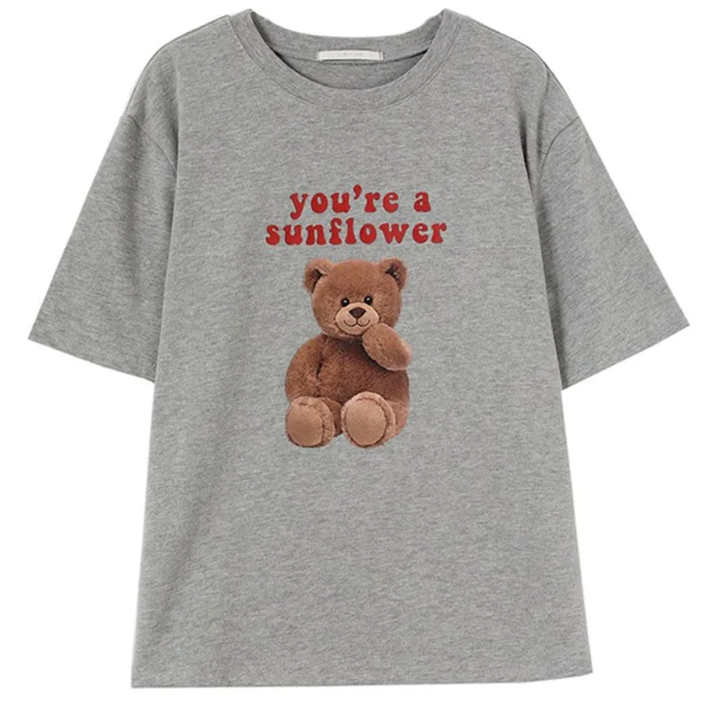 

Vintage Crew Neck Bear Print T Shirt Women 2021 Summer New Style Clothes Cotton Loose Cute Tops for Women Casual Tops