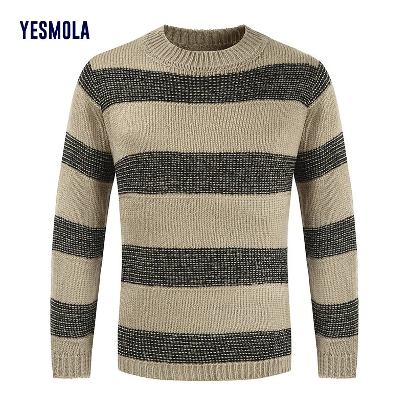 

YESMOLA Men's Sweater Stripe Color Matching Crew Neck Pullover Sweater Male Harajuku Knitted Sweaters Oversize Casual Streetwear
