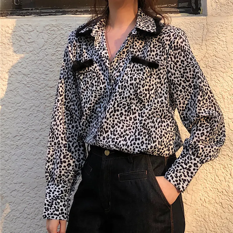 

HziriP Leopard Sexy OL Pockets Feminine Animal Print Full Sleeves 2020 Loose Fresh Elegance Leisure Streetwear Chic Blouses
