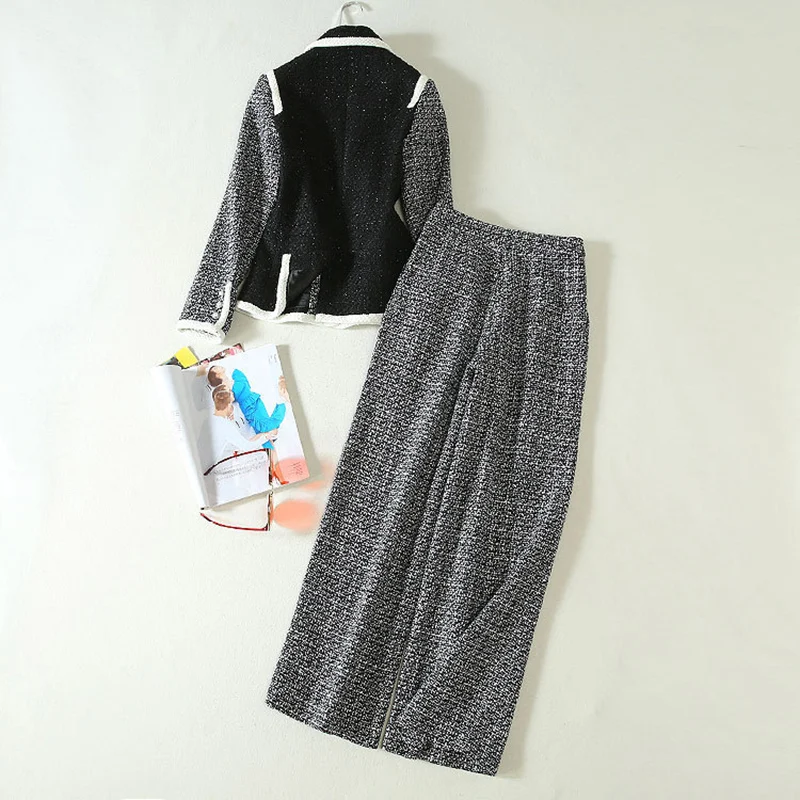 2019 autumn and winter new women's black white tweed color matching jacket + wide leg pants temperament suit | Женская одежда