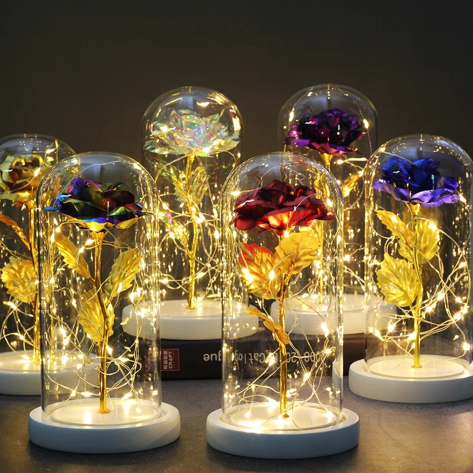 6 Color Beauty And The Beast Red Rose In A Glass Dome For Valentine's Gifts LED Lamps Wedding party Mother's Day Gift Dorp | Дом и сад