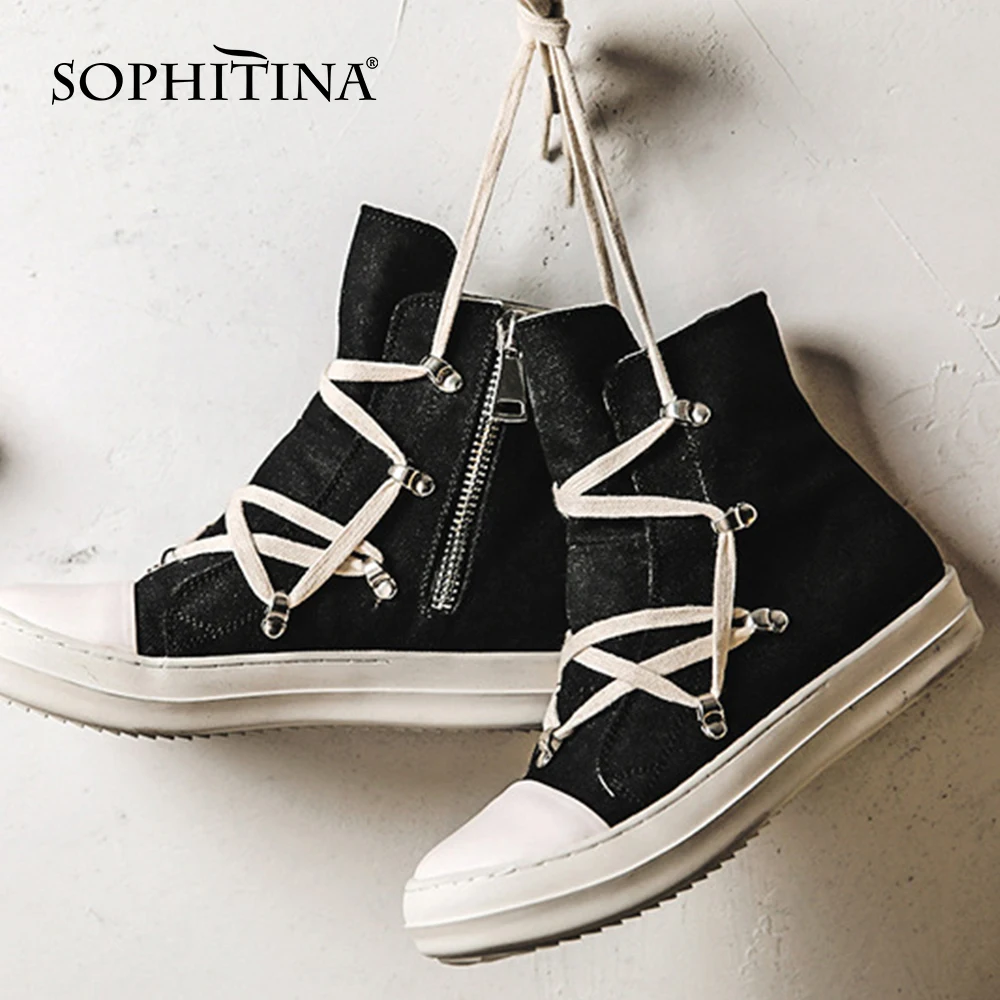 

SOPHITINA Women Skateboard Shoes Casual High-Top All-Match Zipper Metal Flats Cross-Tied Comfort Canvas Fashion Lady Flats YO02