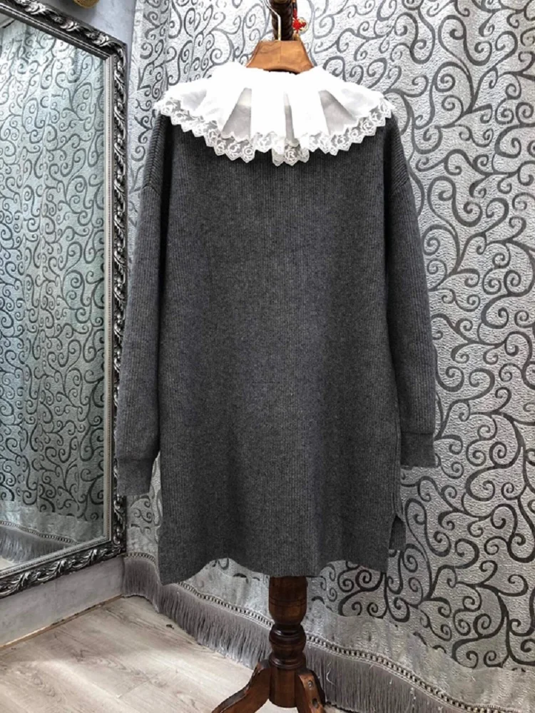 

New Top Quality Long Sweater Dress 2021 Autumn Winter Soft Knitwear Women White Lace Patchwork Long Sleeve Casual Knitted Dress