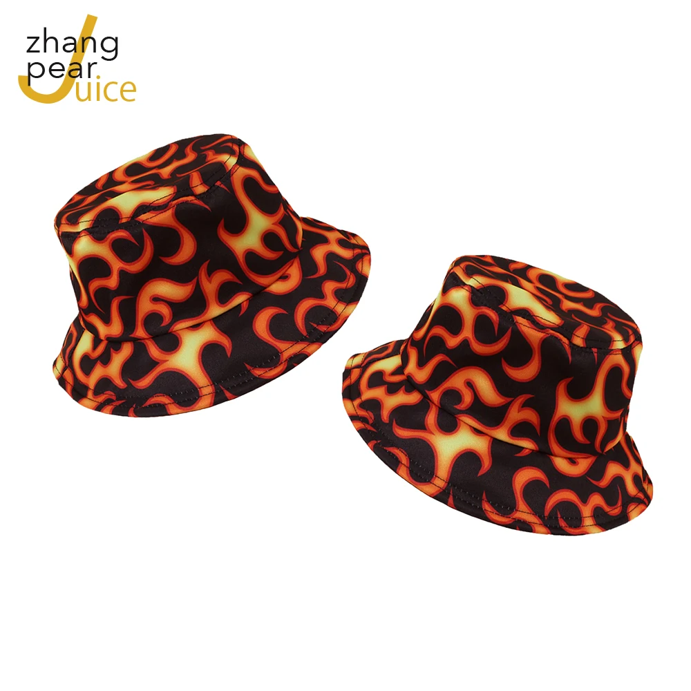 

New Men Black Harajuku Fishing Caps Hat Men Fisherman Hip Hop Flame Pattern Bucket Hats Men Hats