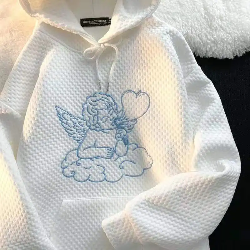 

Толстовка женская оверсайз в клетку, Белый Топ с длинным рукавом и мультяшной вышивкой, винтажный тонкий свитшот, уличная одежда, осень