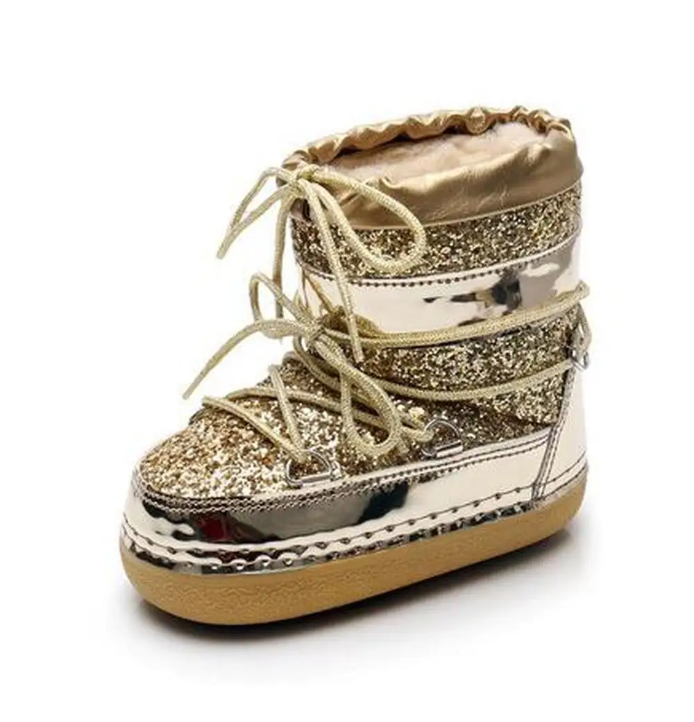 Популярные шерстяные ботинки Детская обувь с блестками на толстой подошве