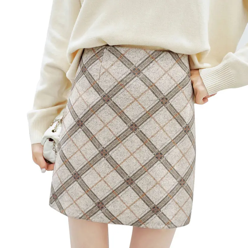 

Fashion Autumn Plaid Wool Skirt Women Elegant Hight Waist Mini Skirts with Safe Shorts Female faldas mujer Clothing Saia