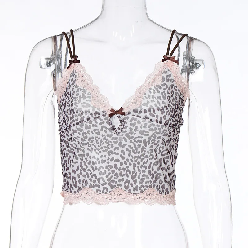 

Lace Sexy Skinny Women Summer Backless Camisole Tank Tops Leopard Print Crop Tops Streetwear