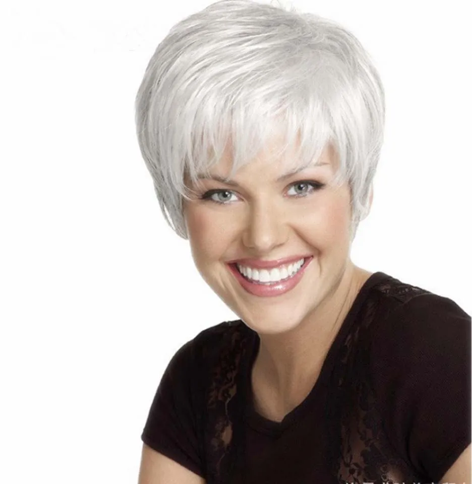 

Synthetic Short White Pixie Cut Wig With Bangs Straight Hair Wigs For Women Natural Afro High Temperature Umot