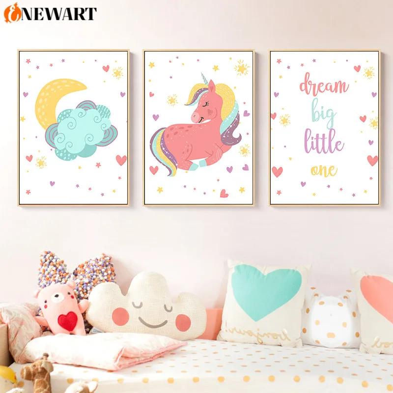 Детская комната настенный художественный постер принт с мультяшным единорогом