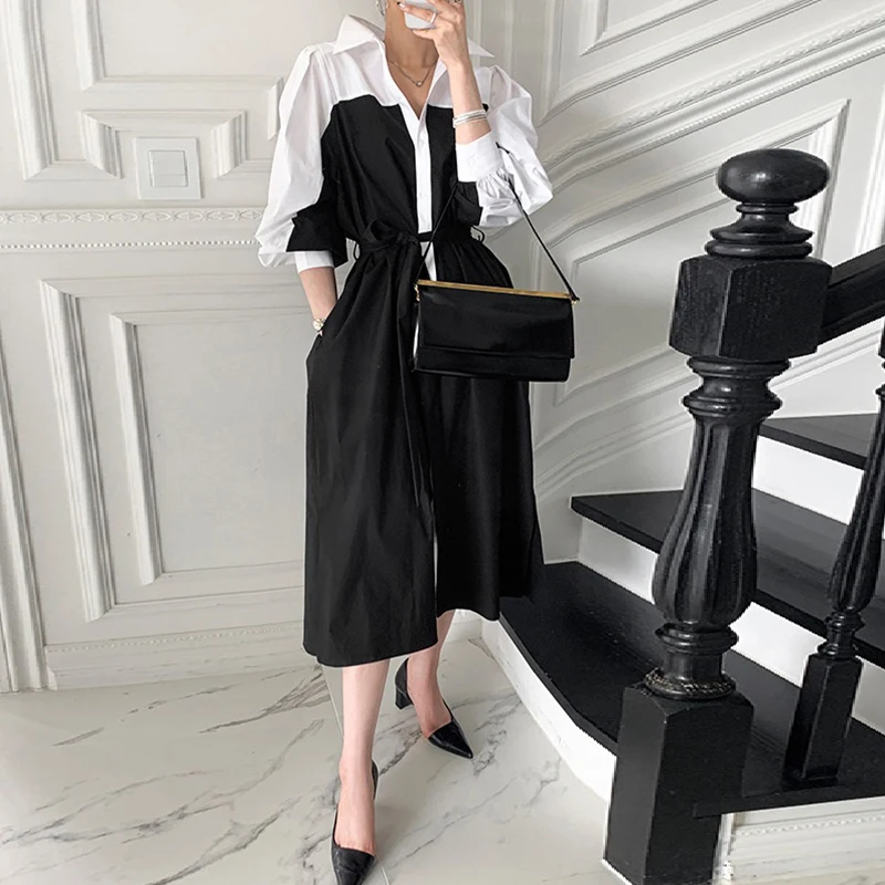 

Women Elegant Color Contrast Bandage Long Shirt Dress New Lapel Puff Sleeve Loose Fashion Casual Dress Autumn 2021 Streetwear