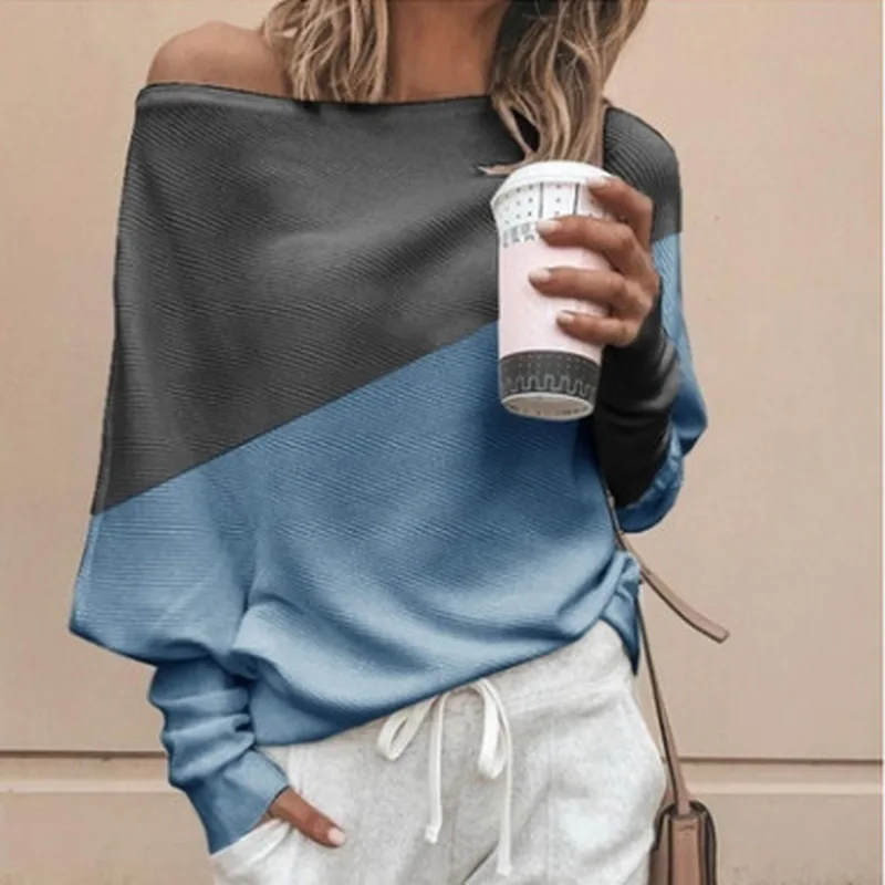 

2020 Autumn winter women's new fashion casual loose slim color matching design round neck long sleeve T-shirt plus size S-5XL