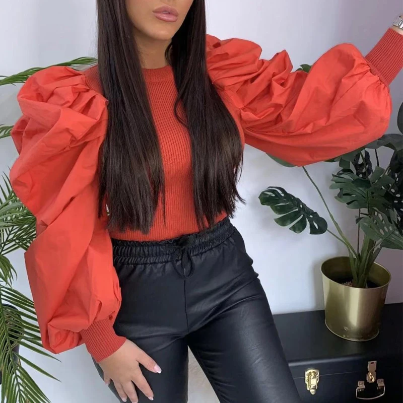 Модная белая блузка с пышными рукавами Женская Осенняя рубашка круглым вырезом и