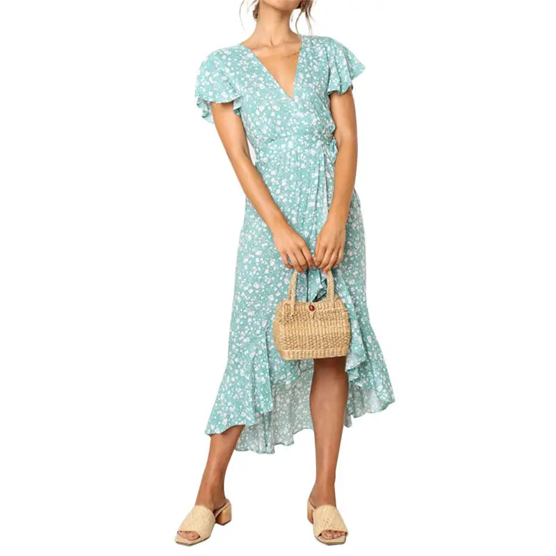 Женское летнее асимметричное платье миди с v-образным вырезом и коротким рукавом