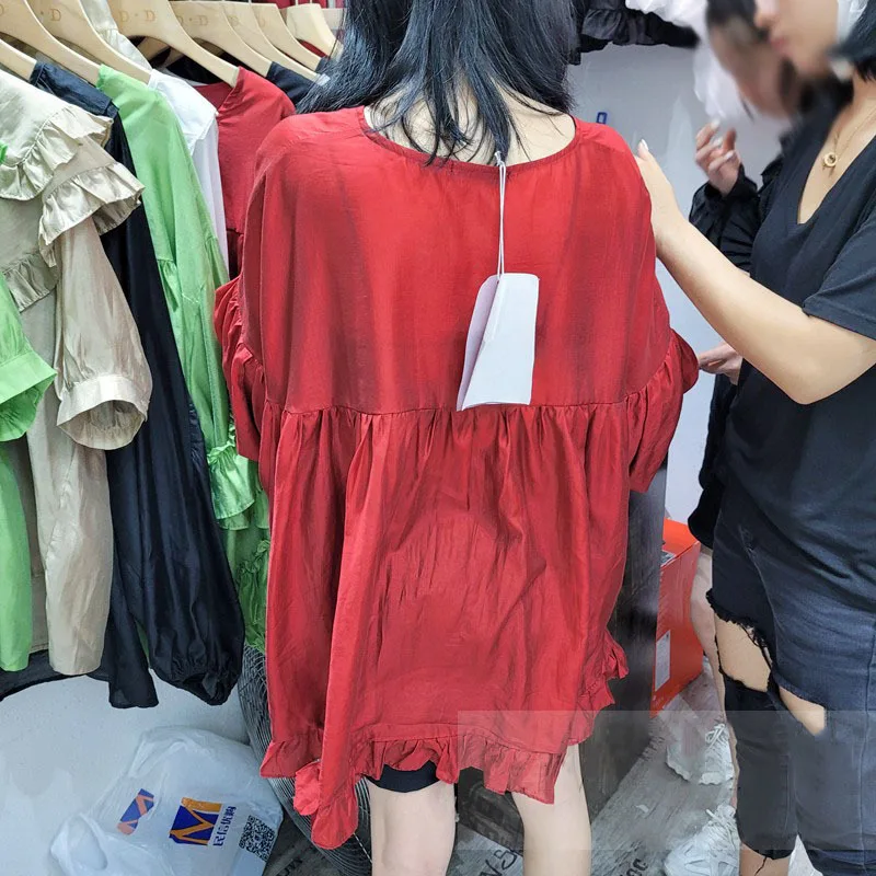

SeeBeautiful Irregular Ruffles Stitching Large Size Shirt V-neck Long Sleeve Lace Blouse New Fashion 2021 Summer Women E870