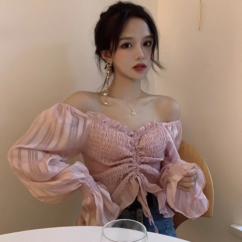 

Fashion Brand Flare Sleeve Crop Top Slash Neck Autumn Style Shirts Women's Clothing Off Shoulder Blouses Korean Clothes New