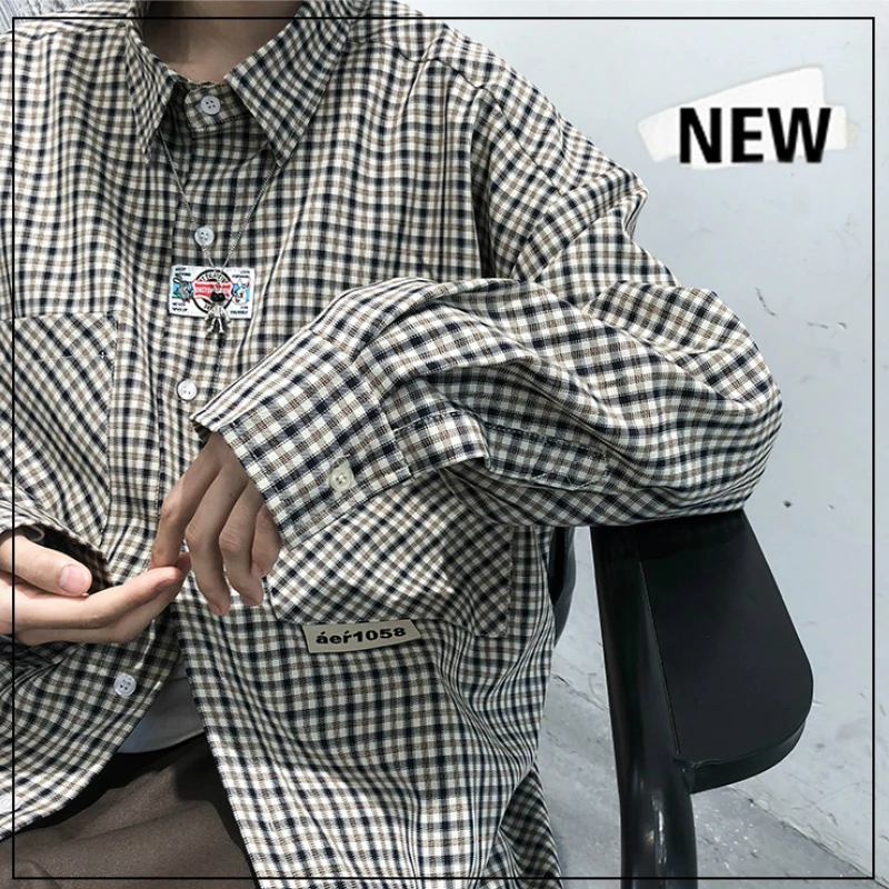 

Autumn Shirts for Men Hip Hop Streetwear Japanese Casual Long Sleeve Shirt Harajuku Vintage Chemise Homme Plaid Camisa Masculina