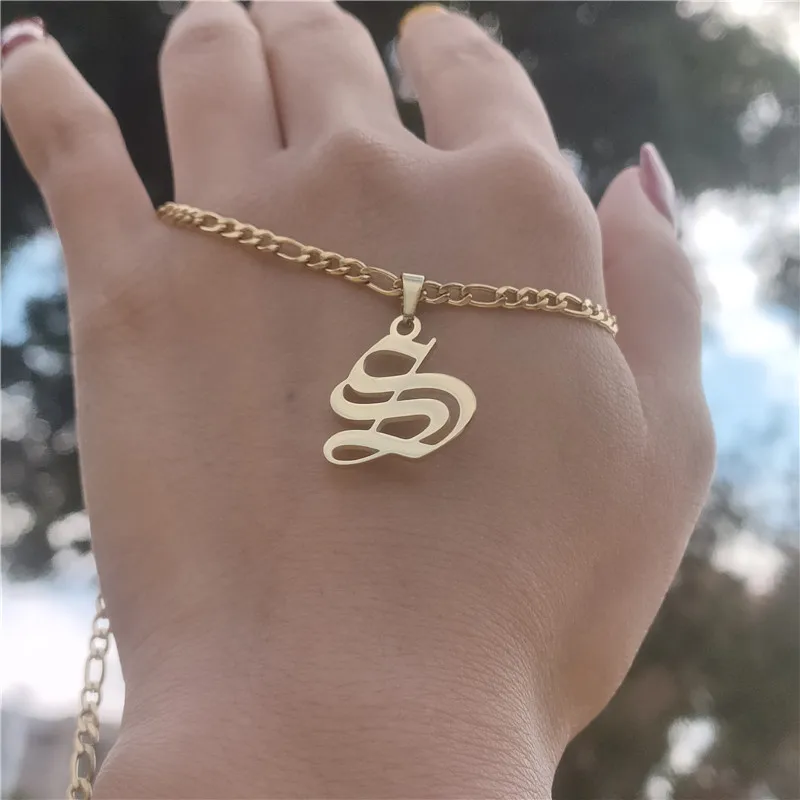 

Figaro Chain Old English Necklace A-Z Letter Alphabet Pendant Necklace Gold Ketting 26 Initial Collares Stainless Steel Jewelry