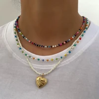 big metal heart pendant white beaded necklace for women mix color acrylic glass rice bead strand choker collar boho jewelry