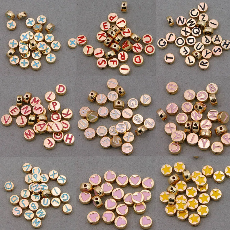 Round 8*4MM Heart shaped star Enamel Beads Metal alloy 26 English Alphabet Spacer Beads For Necklace Bracelet DIY Jewelry Making