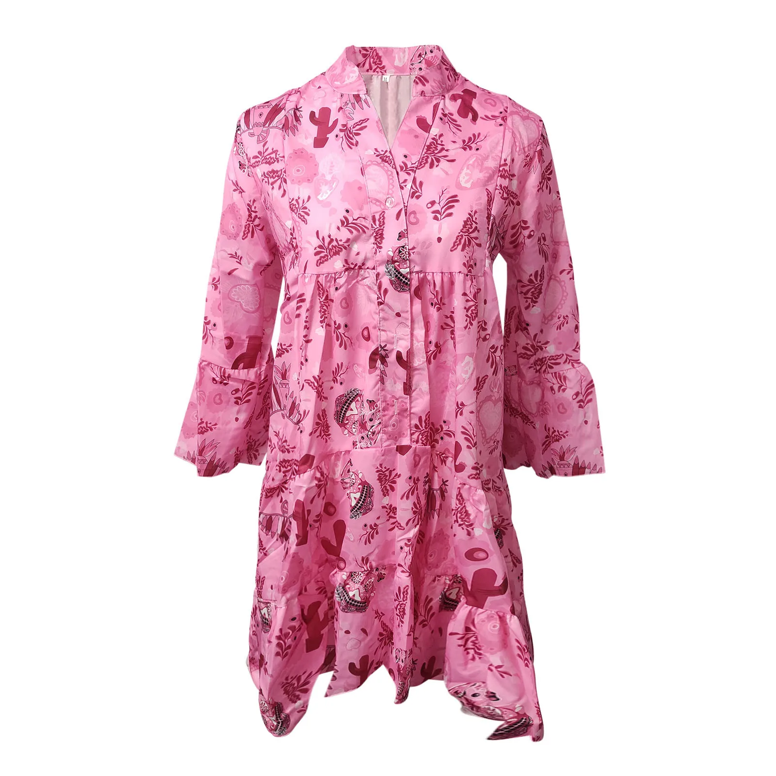 

Women Casual Autumn Button Loose Shirt Dress Long Sleeve Party Dress Elegant V Neck Floral Print Long-sleeve Shirt Dress 2021