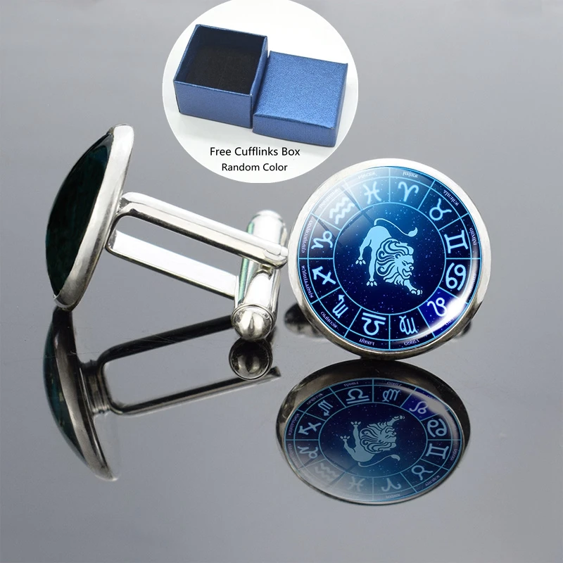 

Twelve Constellations Men Shirt Cufflinks Glass Cabochon 12 Zodiac Signs Pendant Silver Plated Cuff Links Wedding Gift