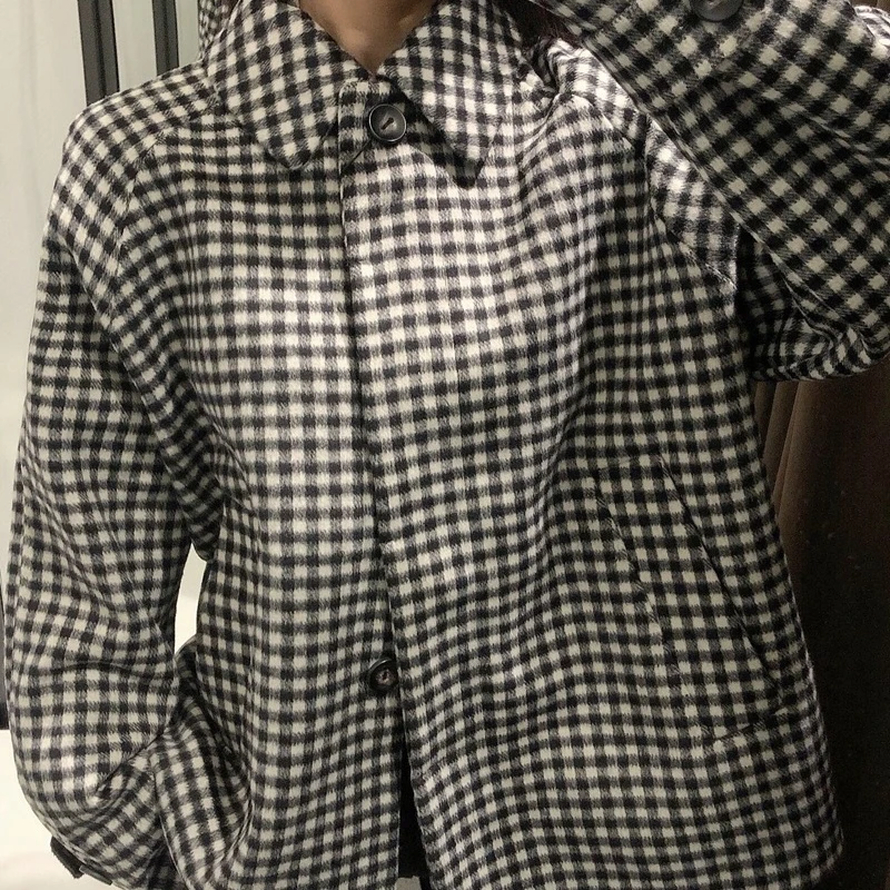 

YOSIBCD Women 2021 Fashion Loose Check Woollen Jacket Coat Vintage Long Sleeve Pockets Plaid Female Outerwear Chic Tops