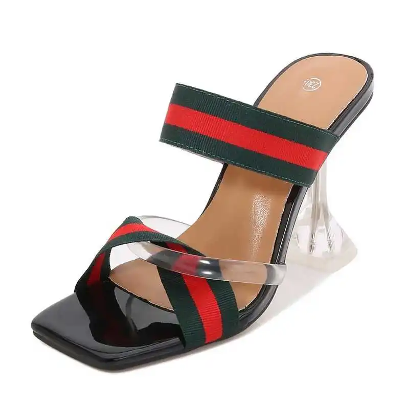 

Brand Designer High Heels Sandals Women Slippers Mules Shoes Outdoor Casual Striped Riband Wedding Party Show Chic Ladies Dress