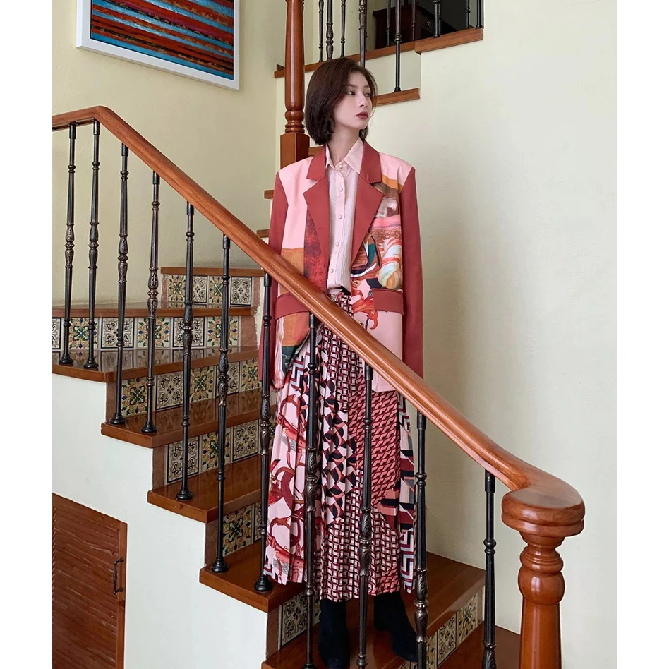 Винтажная шифоновая Женская юбка с высокой талией и геометрическими узорами