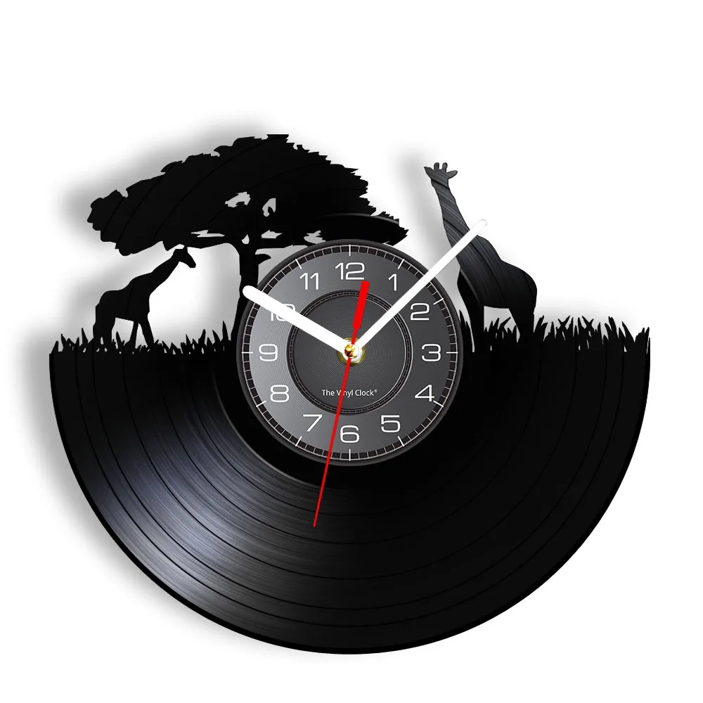 Safari Animals Giraffe Silhouette Laser Cut Longplay Wall Clock African Home Decor Jungle Wildlife Retro Vinyl Album Wall Clock