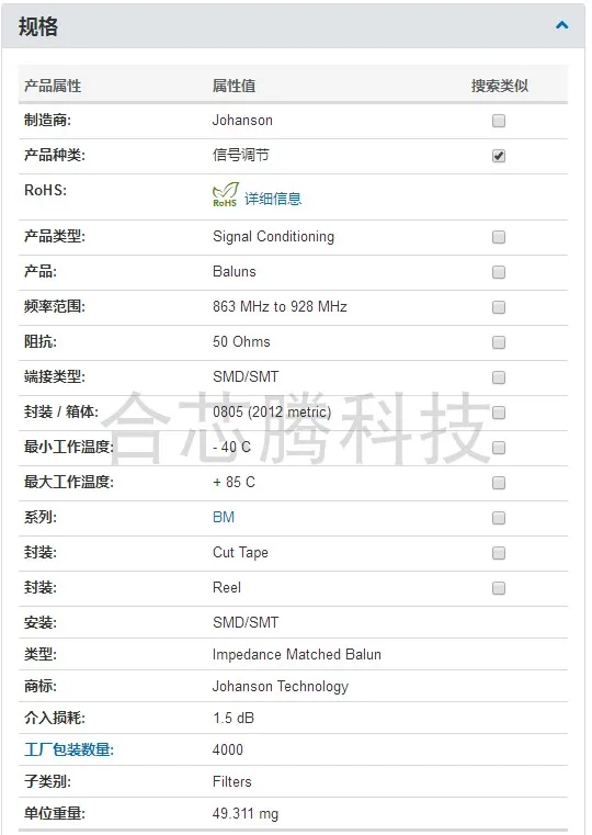 

Johanson 0896BM15A0032E signal conditioning Barron filter 863-928 MHz genuine
